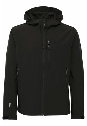Schwarze Softshell-Jacke mit passender Kapuze, Reißverschlusstaschen, strukturiertem Stoff und kontrastierenden Nähten entlang der Schultern und Seiten.