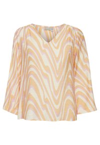 Blusa a V in tessuto leggero che mostra un motivo ondulato in gialli e rosa pastello, con maniche arricciate e una vestibilità rilassata.