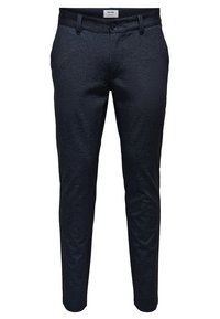 Tmavě modré slim-fit kalhoty vyrobené z texturované tkaniny, s předním zapínáním na knoflík, poutky na opasek a zúženými nohavicemi.
