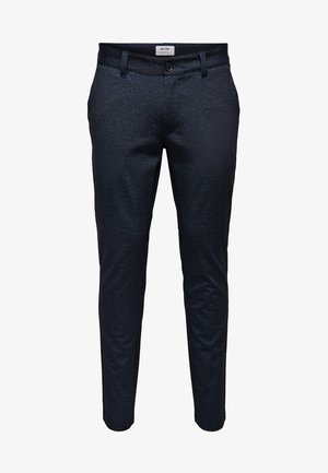 Dunkelblaue Slim-Fit-Hosen aus strukturiertem Stoff, mit einem vorderen Knopfverschluss, Gürtelschlaufen und schmal zulaufenden Beinen.