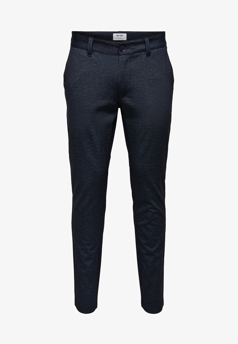 Tmavě modré slim-fit kalhoty vyrobené z texturované tkaniny, s předním zapínáním na knoflík, poutky na opasek a zúženými nohavicemi.