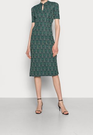 Green patterned dress with short sleeves, keyhole neckline, and a mid-length fit. Smooth texture and subtle wave design throughout.
