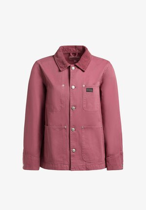 Lohikäärmepainikkeilla varustettu vaaleanvioletti takki, jossa on puuvillakangaskaulus ja neljä etutaskua. Rintataskussa on pieni musta logopatchi.