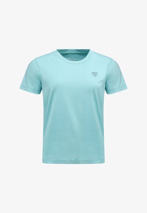 Jasnoniebieska koszulka z krótkim rękawem, wykonana z miękkiej bawełny, z okrągłym dekoltem i małym logo na lewej piersi.