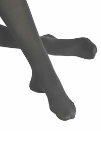 Collant neri opachi realizzati in materiale liscio, con una finitura opaca e punta senza cuciture. Gambe incrociate, che mostrano una texture e una vestibilità uniforme.