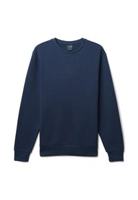 Sweatshirt in cotone blu navy, texture a coste, collo a giro, maniche lunghe e polsini e orlo a coste, con un design minimalista e senza logo visibile.