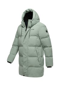 Svetlozelen kjaketa s kapuco, ki ima zadrgo, elastične manšete in stranske žepke. Material se zdi gladek z prešito teksturo.