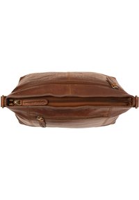 Bruine leren tas met een plat ontwerp, voorzien van twee ritsen aan de bovenkant en een kleinere rits aan de zijkant, die een soepele textuur laat zien.