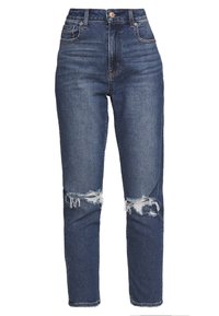 Höga, mörkblå denimjeans med slitningar vid knäna och raka ben. Har fem fickor och knäppning med knapp.