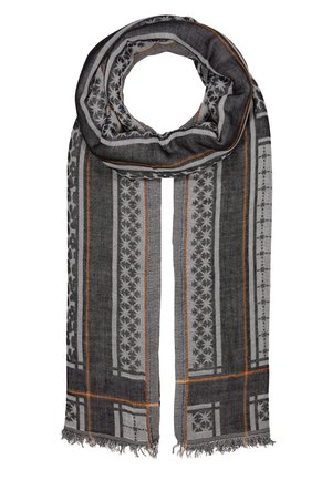 Ciemnoszary szalik z jaśniejszymi szarymi paskami, wzorami gwiazd i geometrycznymi, pomarańczowymi liniami i frędzlami na końcach, złożony w pętlę.