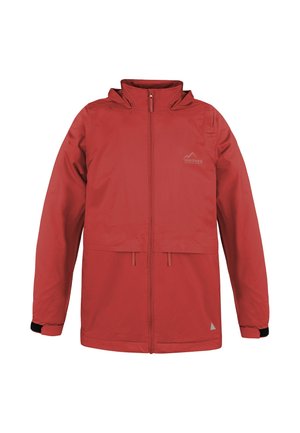 Red waterproof jacket with a high collar, front zipper, and two side pockets. Features a logo on the chest and black accents at cuffs.