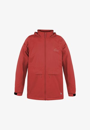 Red waterproof jacket with a high collar, front zipper, and two side pockets. Features a logo on the chest and black accents at cuffs.