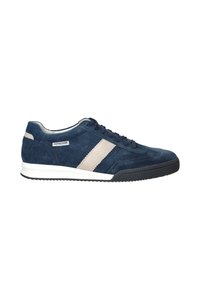 Navy Sneaker aus Wildleder mit hellbeigen Streifen, runder Zehenpartie und flacher Gummisohle. Verfügt über eine Schnürung vorne und einen gepolsterten Kragen für zusätzlichen Komfort.