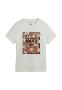 Camiseta blanca de manga corta, con un diseño floral en marrón y blanco que incluye el texto "VANS" y "OFF THE WALL" en una fuente negra y en negrita.