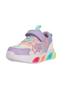 Baskets pour enfants en violet et en pastel multicolore avec une tige en maille, une fermeture à bande et des semelles lumineuses avec des accents roses, orange et verts.