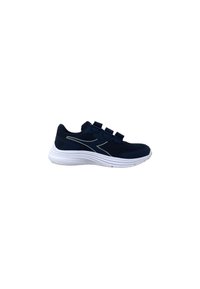 Scarpe sportive blu navy con tre fasce in velcro, tomaia in rete per traspirabilità e suola in gomma bianca con battistrada testurizzato.