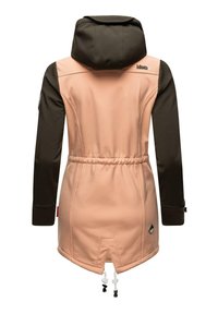 Softshell jacket with a peach body and dark green sleeves. Features a hood, drawstring waist, and contrast stitching detail.