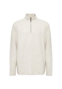 Beiger Pullover mit Reißverschluss und Stehkragen aus weichem Material. Verfügt über einen hohen Kragen und lange Ärmel mit lockerer Passform. Dezente Textur im gesamten Stoff.