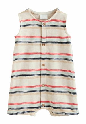 Bezrękawnikowy kombinezonik dziecięcy w poziome paski w kolorach czerwonym, beżowym, granatowym i jasnoniebieskim, z drewnianymi guzikami z przodu.