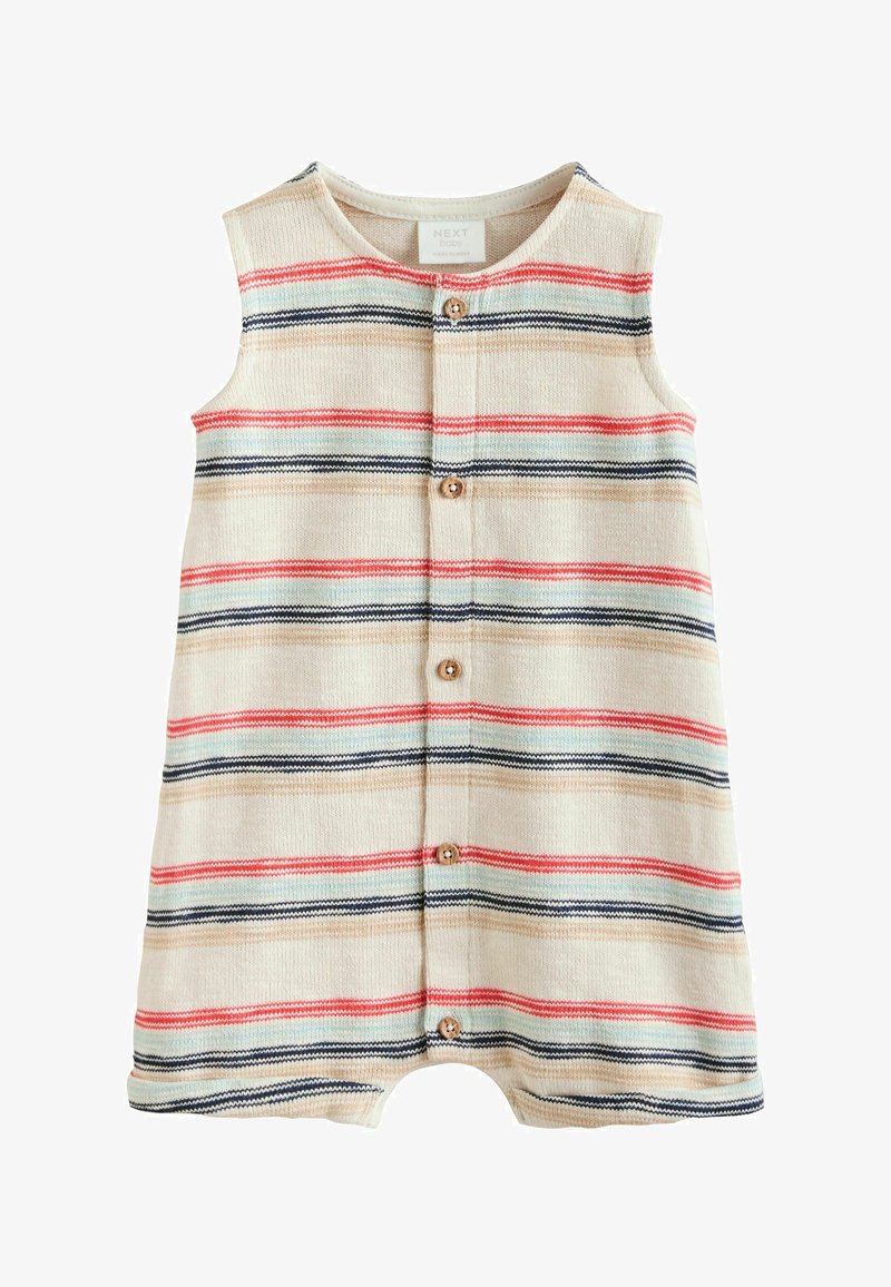 Combinaison sans manches pour bébé à rayures horizontales rouge, beige, bleu marine et bleu clair, avec des boutons en bois sur le devant.
