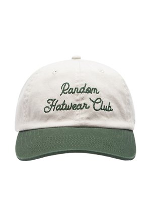 Gorra de béisbol beige con visera verde, bordada con el texto en cursiva verde "Random Hatwear Club" en el frente.