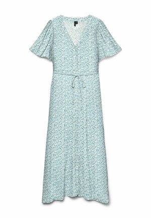 Rochie midi florală albastru deschis, cu mâneci scurte evazate, decolteu în V, nasturi în față și curea legată în talie.