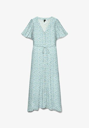 Vestito midi azzurro chiaro a fiori con maniche corte svolazzanti, scollo a V, bottoni frontali e cintura da annodare in vita.