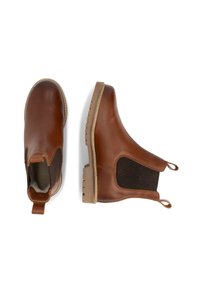 Bruine leren Chelsea-boots met elastische zijpanelen, trektabs en rubberen zolen, weergegeven vanuit boven- en zijaanzicht op een witte achtergrond.