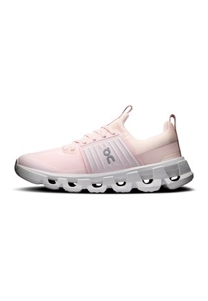 Light pink athletic sneaker with mesh upper, lace-up front, pull tabs on heel and tongue, and white sole featuring large rectangular cutouts.