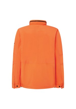 Orange jacka med ståkrage, långa ärmar och en slät textur. Inkluderar svarta detaljer på kragen och ärmsluten.