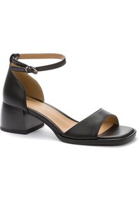 Black leather sandal with an open toe, two wide straps across the foot, and an ankle strap. Features a chunky block heel.