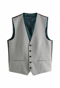 Gray sleeveless vest with a textured fabric, five black buttons, two front pockets, and a contrasting dark blue patterned lining.