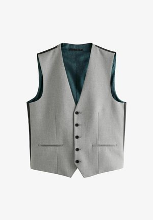 Gilet sans manches gris avec un tissu texturé, cinq boutons noirs, deux poches avant et une doublure à motifs bleu foncé contrastante.
