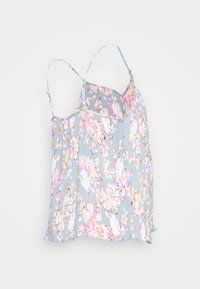 Camisola floral plissada em azul claro com detalhes em rosa e amarelo, apresentando finas alças de espaguete e uma textura suave e fluída.