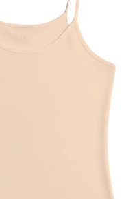 Beige mouwloos tanktop met dunne schouderbandjes en een eenvoudige ronde halslijn op een witte achtergrond.