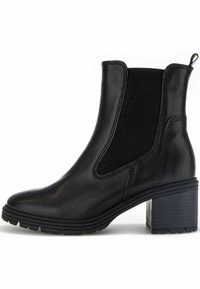 Černá kotníková bota z hladké kůže s elastickými bočními panely, texturovaným blokovým podpatkem a designem se zaoblenou špičkou.