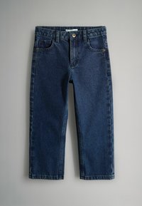 Dunkelblaue Denim-Jeans mit geradem Bein. Verfügt über fünf Taschen, einen vorderen Knopfverschluss und dezente Nahtdetails an den Nähten.