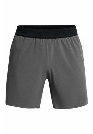 Pantalones cortos deportivos grises con una cinturilla elástica negra, que presentan una textura suave y un diseño minimalista. No tienen bolsillos ni patrones.