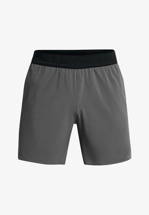 Graue Sportshorts mit einem elastischen schwarzen Bund, die über eine glatte Textur und ein minimalistisches Design verfügen. Keine Taschen oder Muster vorhanden.
