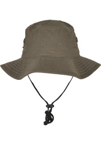 Olive zielony bawełniany kapelusz typu bucket z szerokim, zaokrąglonym rondem, teksturowaną powierzchnią oraz regulowanym czarnym sznurkiem dla pewnego dopasowania.