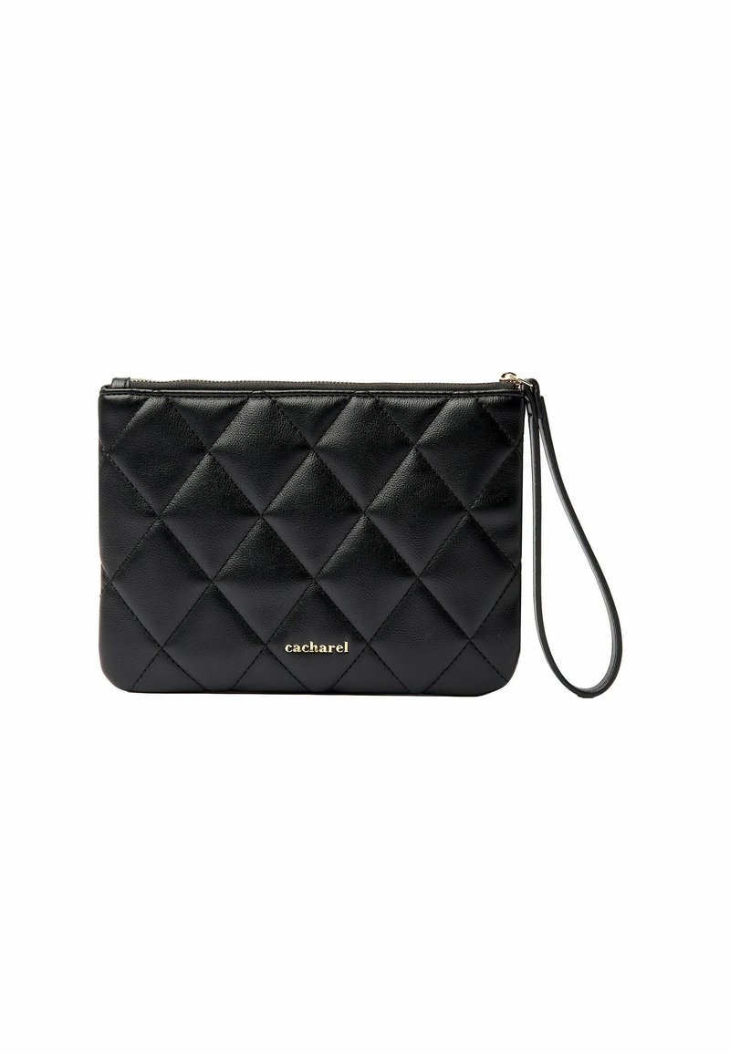 Clutch bag in pelle nera trapuntata con logo dorato, chiusura con zip e tracolla. Presenta un motivo a diamante e una superficie liscia.