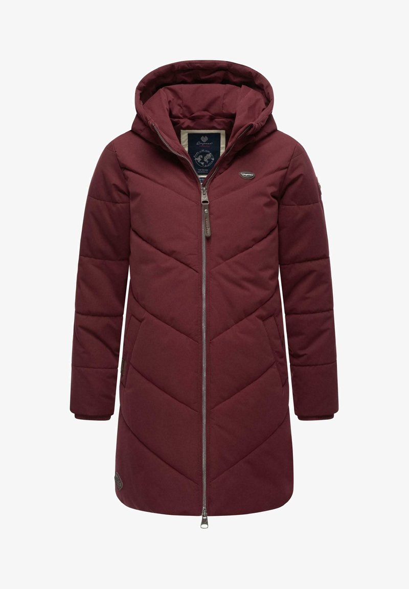 Maroon padded coat with a hood, featuring a diagonal chevron pattern, a front zipper, and side pockets. Logo detail on the sleeve.