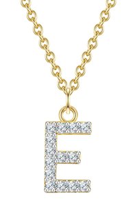 Auksinės spalvos grandinėlė su pakabuku didžiuoju raide 'E', dekoruotu skaidriais akmenimis, pasižyminti lygia apdaila ir blizgiu paviršiumi.