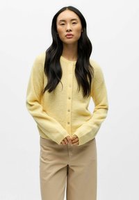 Dzeltena vilnas kardigans ar apaļu kakla izgriezumu, pogas aizdari un ribotu aproci. Valkāts virs bēšām biksēm, ar mīkstu tekstūru un ērtu piegriezumu.