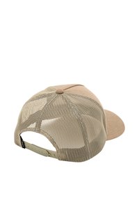 Tan cap with a solid front panel and a mesh back. Features a rounded bill and adjustable snapback closure. Textured fabric on the front.