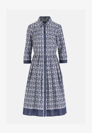 Rochie midi cu model în bleumarin și alb, cu mâneci lungi, nasturi în față, guler și manșete și tiv solide în culoarea bleumarin.