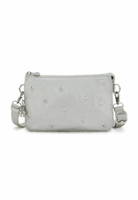 Metallic silver crossbody bag with star patterns, zip closure, and detachable strap. Features smooth texture and silver hardware accents.