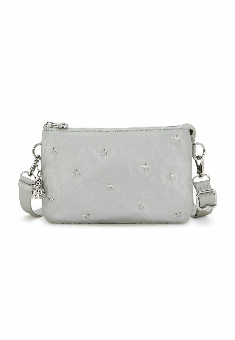 Metallic silver crossbody bag with star patterns, zip closure, and detachable strap. Features smooth texture and silver hardware accents.