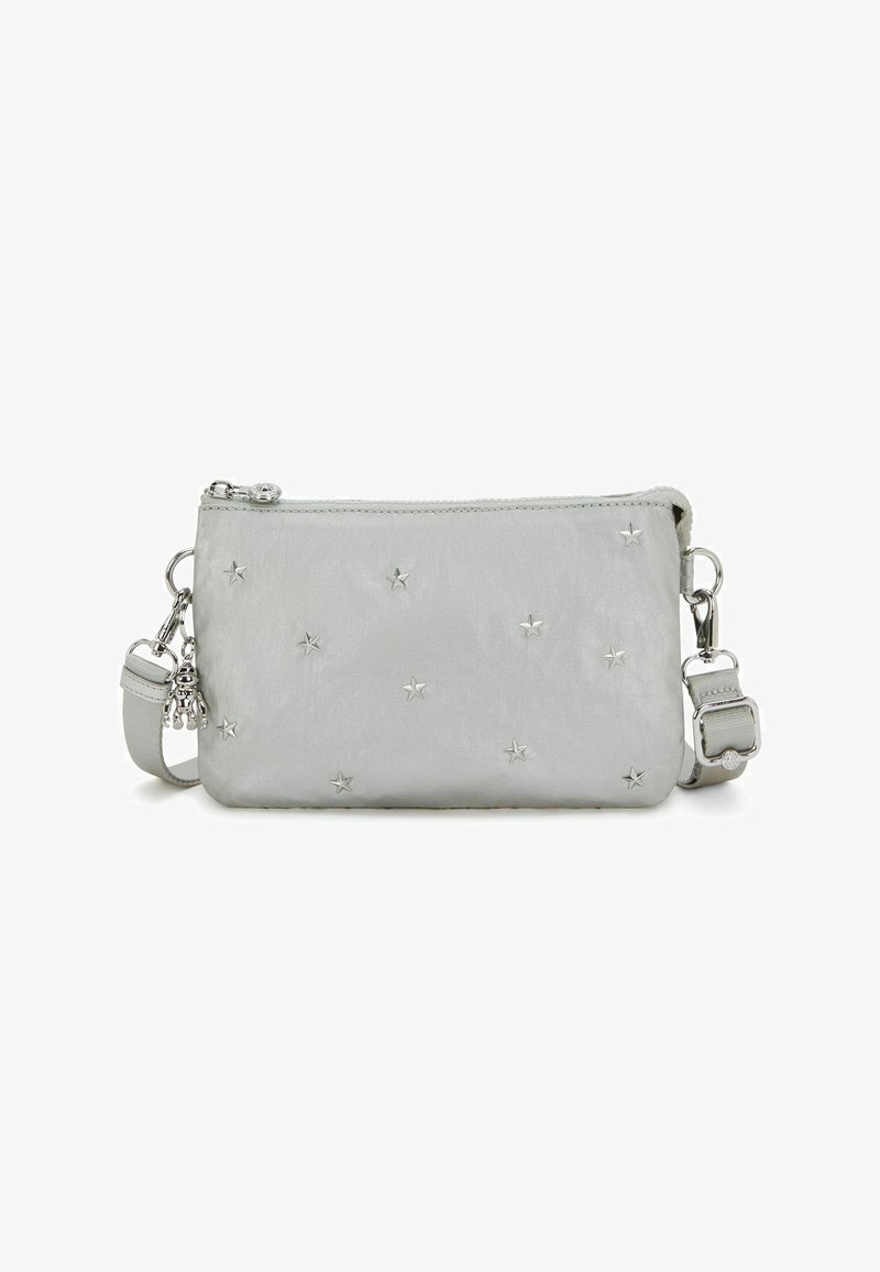 Metallic silver crossbody bag with star patterns, zip closure, and detachable strap. Features smooth texture and silver hardware accents.
