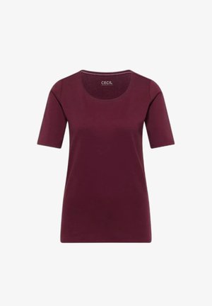 Damen T-Shirt mit Kurzarm und Rundhalsausschnitt in Burgunderfarbe mit glatter Textur und „Cecil Essentials“-Etikett im Halsausschnitt.